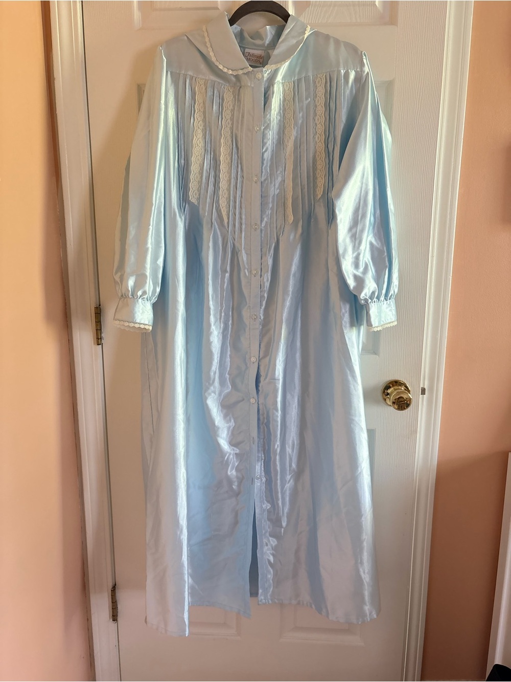 Light Blue Vintage Long Button Satin Nightgown
